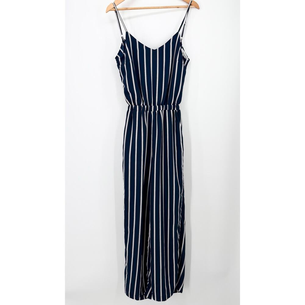 Davi & Dani Navy Striped Wide Leg Jumpsuit Open Back Tie Women Small - Picture 9 of 9